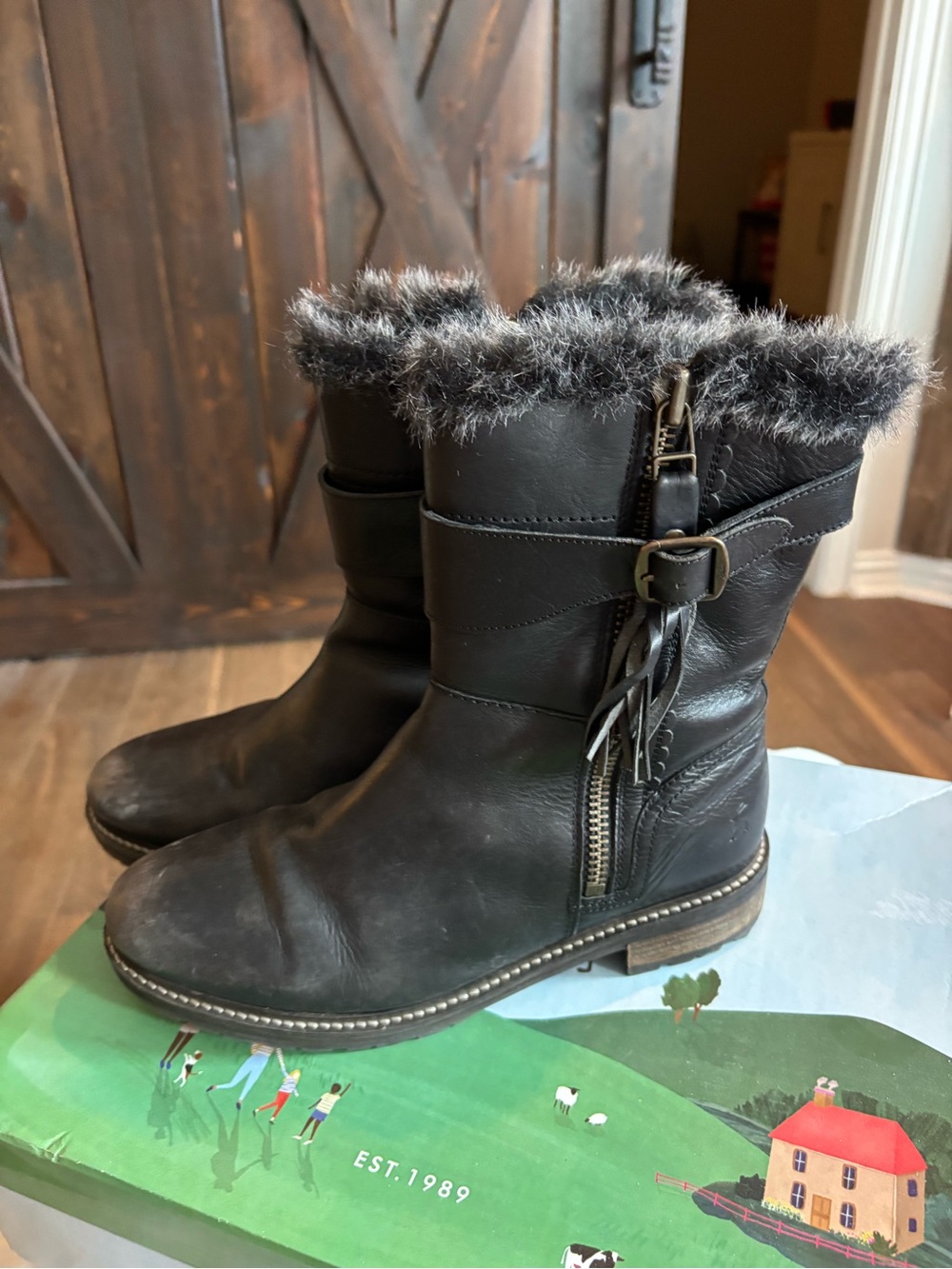 ❗️FINAL❗️Joules Brompton Black Leather Faux-Fur Lined Ankle Boots 9